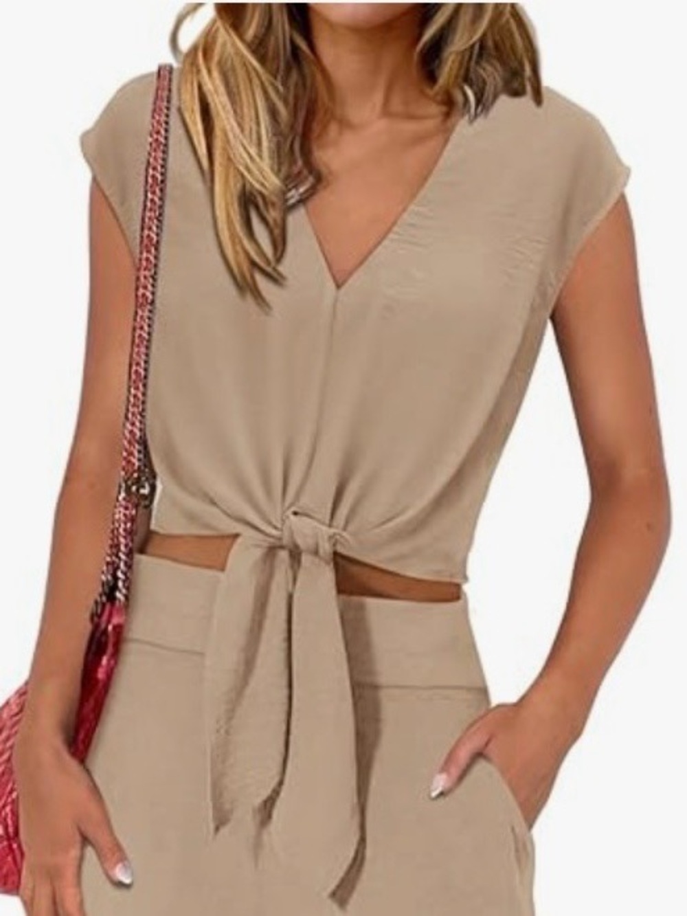 Prettygarden NEW Tie-Front V-Neck Cap Sleeve Summer Crop Top in Tan / Khaki Sz S